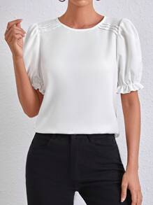 SHEIN Essnce Ladies' Solid Color Puff Sleeve Blouse,Short Sleeve Tops - White - View 5
