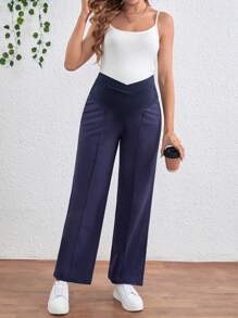 SHEIN Maternity Seamless Wrap Over Waist Straight Pants With Seam Front - Navy Blue - View 3