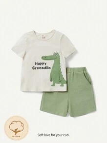 Cozy Pixies Conjunto De 2 Piezas Para Bebé: Camiseta De Cuello Redondo Con Patrón De Cocodrilo Dibujos Animados Y Pantalones Cortos Sólidos