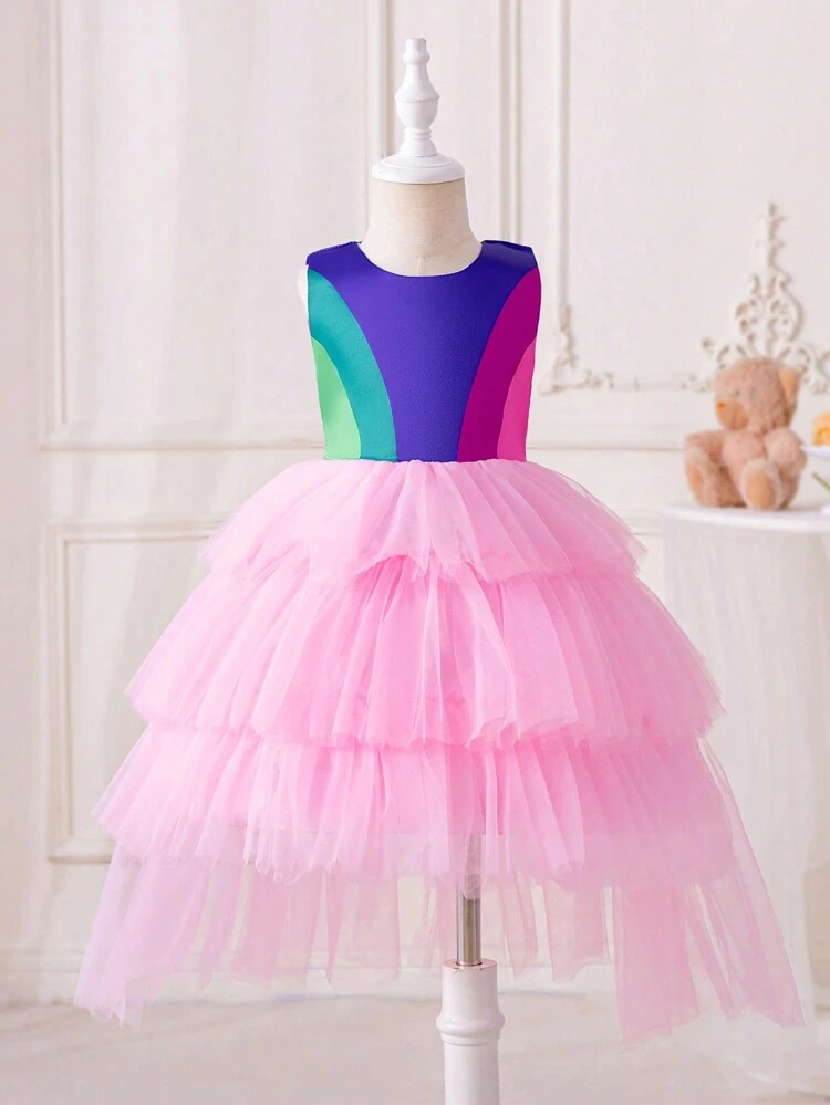Young Girls' Cosplay Costume Sleeveless Multicolor Patchwork Multiple Layers Party Dress For Birthday, Wedding, Flower Girl
