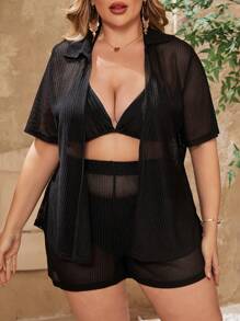 Swim Lushoire 大尺寸純色透視短袖遮陽衣 - 黑色 - 查看 1