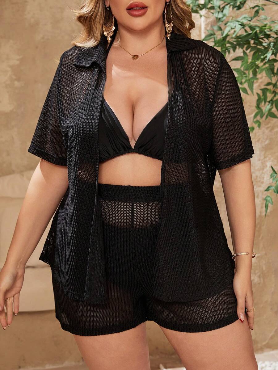 Swim Lushoire 大尺寸純色透視短袖遮陽衣 - 黑色 - 查看 1