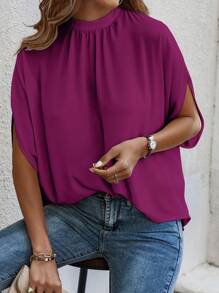 EMERY ROSE Tie Back Batwing Sleeve Solid Blouse - Red Violet - View 5