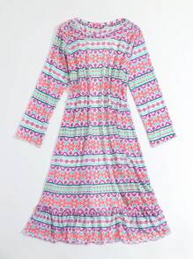Japanese-Style Full Printed Ruffle Hem Kimono For Tween Girls