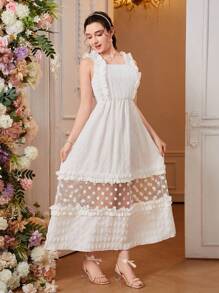 Teen Girl Polka Dot Mesh Joint Ruffle Detail Dress - White - View 4