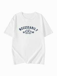 女士休闲圆领字母与卡通印花落肩 T 恤 - 白色 - 查看 3