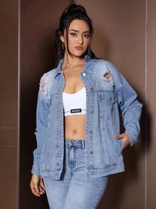 SHEIN EZwear Drop Shoulder Distressed Denim Jacket - Blue - View 3