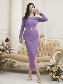 Modelyn Đầm dài tay trễ vai màu trơn thanh lịch cho nữ Đầm dạ hội dài - Màu tím hoa cà - Xem 3