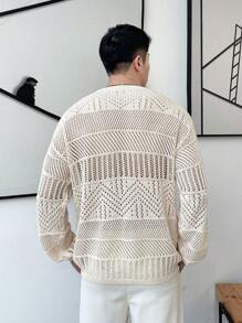 Claim Dot Men's Solid Color Hollow Out Knitted Drop Shoulder Crochet Loose Sweater, Crew Neck Long Sleeve Pullover White Sweater - Apricot - View 2