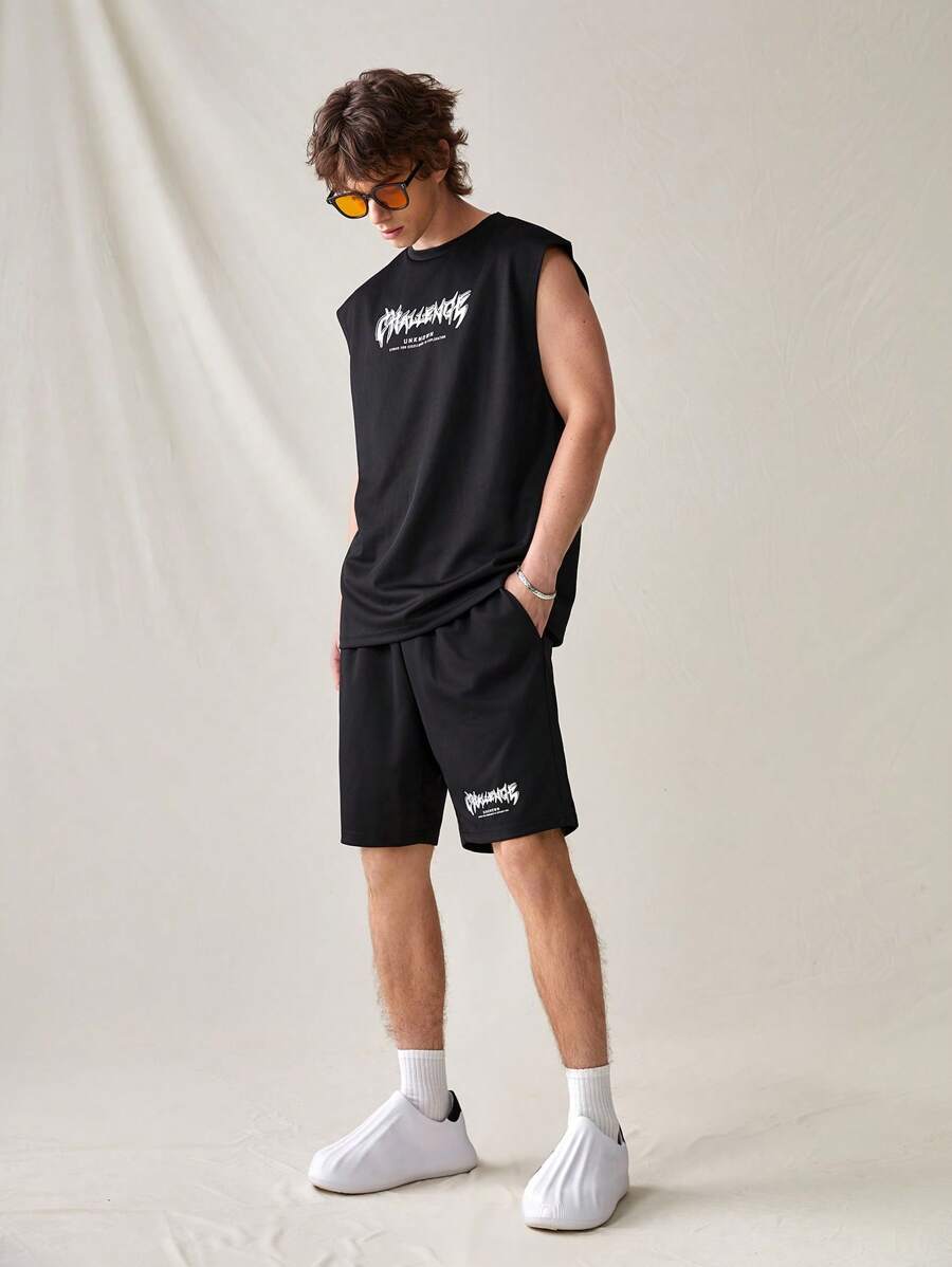 Mainfolk Men's Knitted Tank Top With Letter Print And Shorts With Slanted Pockets - Black - View 1