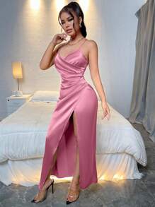 SHEIN Belle Women's Pleated Split Hem Cami Dress - Dusty Pink - View 5