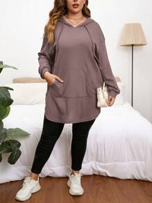 SHEIN Privé Plus Size Solid Color Hooded Drawstring Asymmetrical Hem Sweatshirt In Fall/Winter - Dusty Pink - View 3