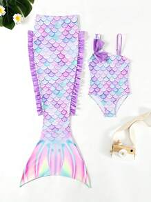 Young Girls' One-Piece Swimsuit With Ruffle Trim And Mermaid Scale Print Summer Holiday - Multicolor - View 6