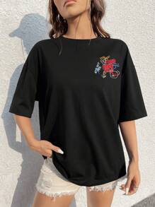 SHEIN EZwear Áo thun cổ tròn tay ngắn oversize thiết kế đơn giản, phù hợp cho mùa hè CẢM THẤY TUYỆT VỜI TÌM ĐƯỜNG Cuộc sống thật tuyệt vời TÔI TIẾP THEO MỘT NGÀY TỐT ĐẸP, Unisex - màu đen - Xem 2