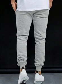 Manfinity Homme 男士运动裤，带工装口袋，纯色街头风抽绳工装运动裤，适合送给丈夫、男朋友的礼物 - 灰色 - 查看 3