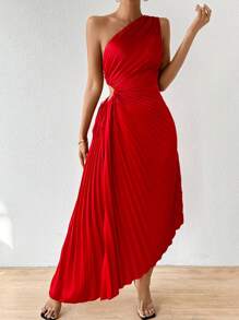 SHEIN Privé Vestido plisado asimétrico con cuello asimétrico y lazo lateral en unicolor - Rojo - Ver 4