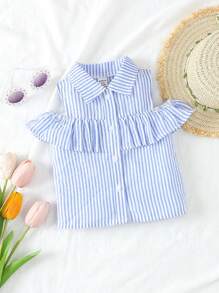 Baby Girl Striped Off-Shoulder Top With Ruffle Trim And Single-Breasted Design - Blue - View 1