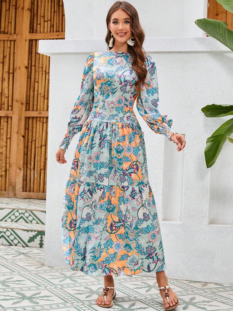 Women's Floral Pattern Decor Flared Sleeve Abaya Dress