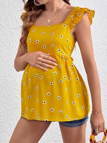 SHEIN 雏菊图案露背孕妇上衣，带结饰和荷叶边 - 黃色 - 查看 4