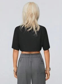 SHEIN Coolane Của phụ nữ Retro Xe máy In Mùa hè Áo phông Crop , Lý tưởng Đối với Âm nhạc Lễ hội - màu đen - Xem 2