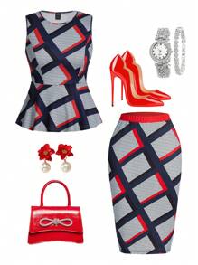 SHEIN Lady Women'S Geometric Pattern Halter Tank Top With Ruffle Hem - Multicolor - View 1