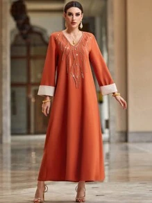 Al Najma Handmade Beaded Loose Color Block Casual Dress, Elegant Evening Party Elegant Luxury Long Sleeve Maxi Modest Dress