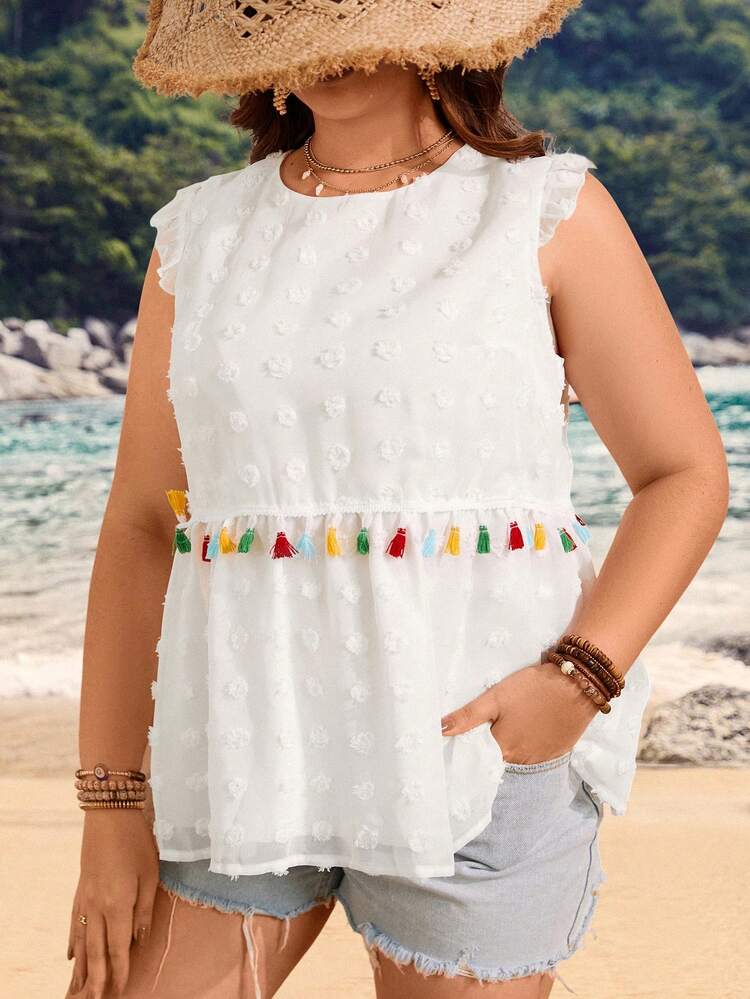 Plus Size Women's Fringe Hem Cap Sleeve Shirt With Patchwork Detail