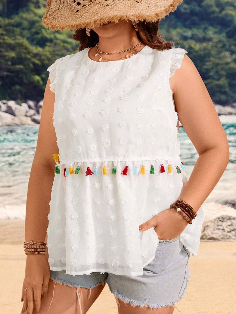 Breezaya Plus Size Women's Fringe Hem Cap Sleeve Shirt With Patchwork Detail - White - View 1