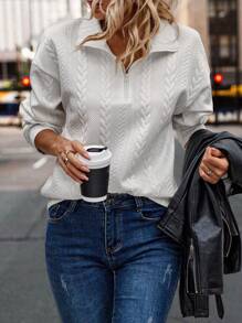 SHEIN LUNE 半拉鏈落肩袖運動衫 - 白色 - 查看 1