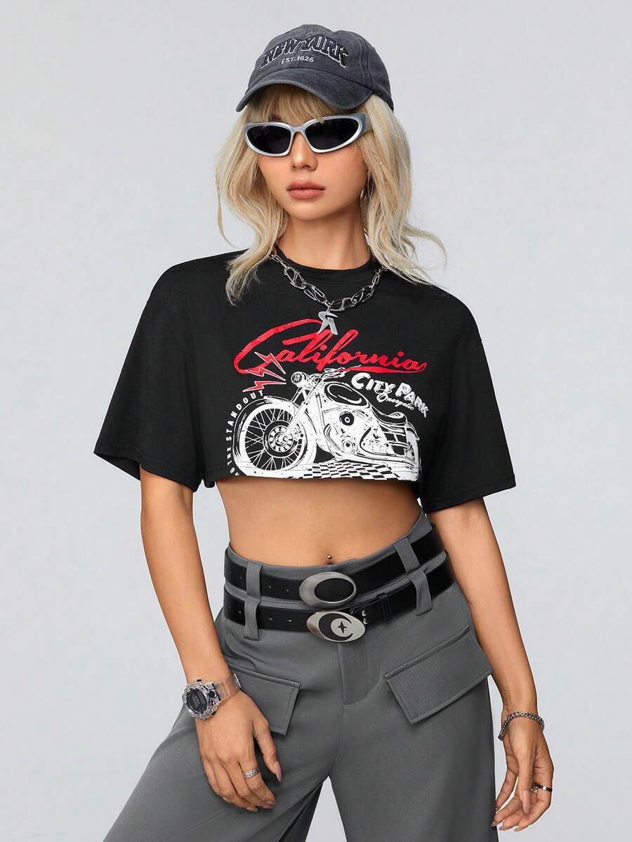 SHEIN Coolane Của phụ nữ Retro Xe máy In Mùa hè Áo phông Crop , Lý tưởng Đối với Âm nhạc Lễ hội - màu đen - Xem 1