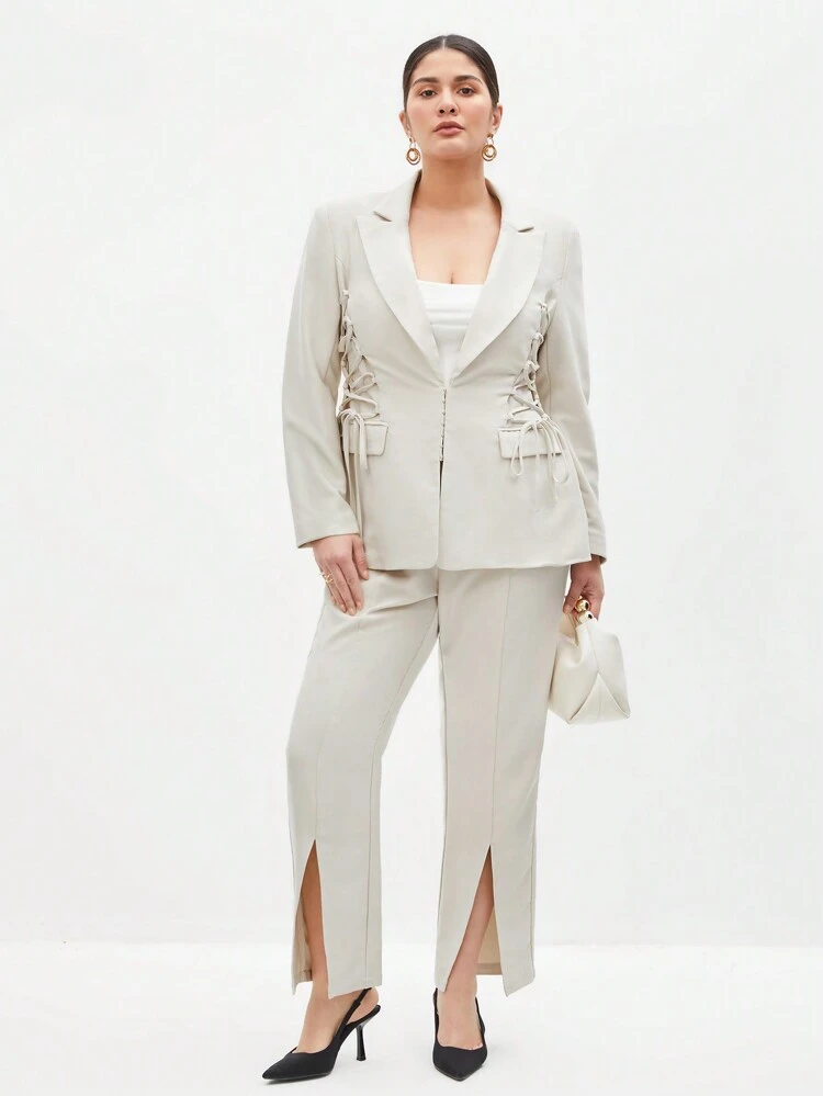 Plus Size Solid Color Cross Strap Coat And Open Front Split Pants Suit