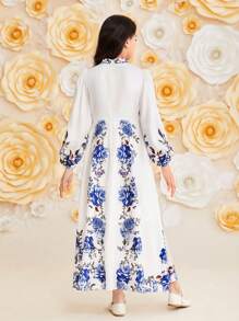 SHEIN Leap Crew Cô gái Tween Đáng yêu Đứng cổ áo Dài In hoa Đầm Tunic Với Tay áo đèn lồng , Thích hợp Đối với Kỳ nghỉ - Nhiều màu - Xem 2