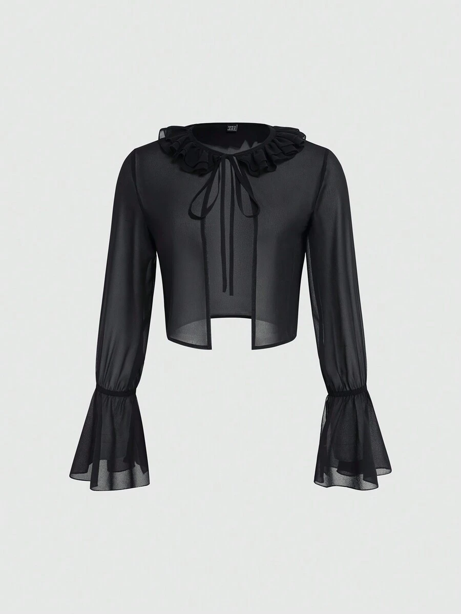SHEIN Unity Nhẹ Chiffon Chống nắng Áo sơ mi - màu đen - Xem 1