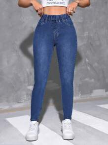 SHEIN EZwear Washed Elastic Waist Slim Fit Jeans - Dark Wash - View 1