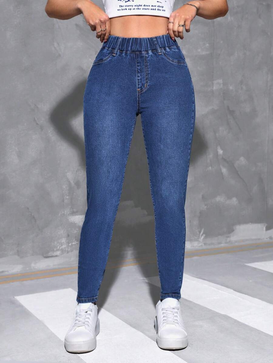 SHEIN EZwear Denim mùa giặt Eo đàn hồi Thon gọn Quần jean - Rửa tối - Xem 1