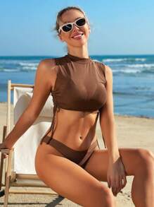 SHEIN Swim Solid Color Bikini Set Halter Bra & Swim Bottom & Drawstring Cover-Up Top 3pcs/Set Bathing Suit For Summer Beach - Coffee Brown - View 4