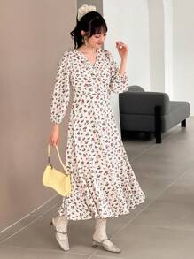 FRIFUL Women's Floral Print V-Neck Long Sleeve Dress,Ruffle Boho Vacation Outfits Women - Multicolor - View 3
