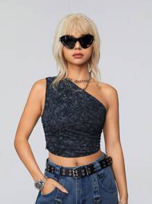 SHEIN EZwear Haut Court Asymétrique Avec Col, Effet Délavé Et Noeuds À La Teinture Pour Un Style