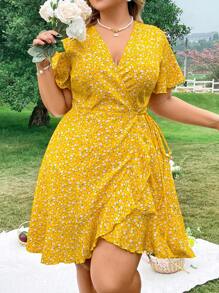 Sunnyshic 大码波西米亚风花卉印花侧系带连衣裙，适合夏季