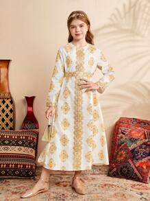 SHEIN Leap Crew Tween Girls合身漸寬花卉印花裙配圓領 - 彩色 - 查看 7