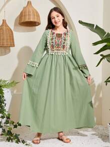 SHEIN 少女編織花卉拼布提花綑綁配飾捲邊輕便洋裝 - 綠色 - 查看 5