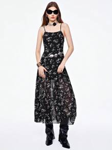 SHEINNeu Summer Women's Chiffon Floral Print Spaghetti Strap Black Dress - Multicolor - View 1