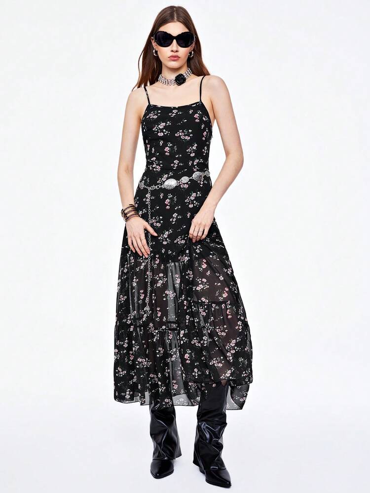 Summer Women's Chiffon Floral Print Spaghetti Strap Black Dress