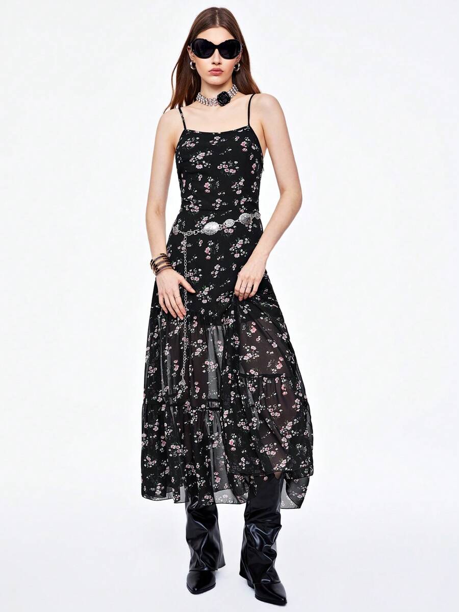 SHEINNeu Summer Women's Chiffon Floral Print Spaghetti Strap Black Dress - Multicolor - View 1