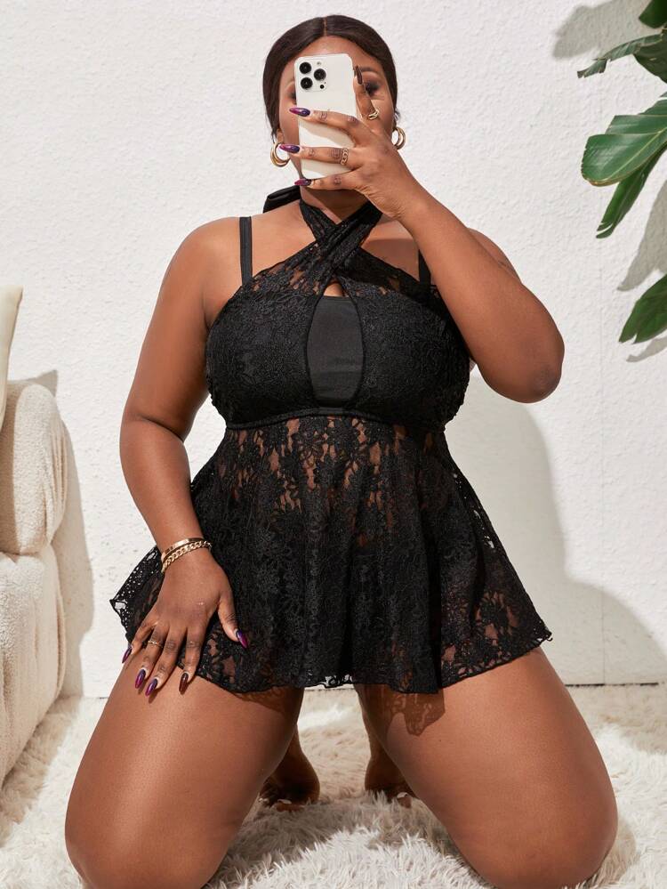 Plus Size Cross Design Embroidered Mesh Cami Top And Triangle Panties Dress Swimsuit Set Summer