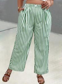SHEIN Clasi 大碼條紋圖案闊腿褲 - 綠色 - 查看 5