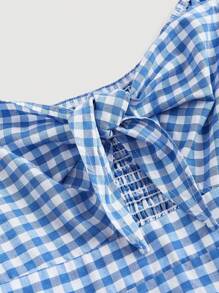 SHEIN MOD Blue Short Sleeve Gingham Dress With Lovely Ruffle Hem Detail - Blue - View 3