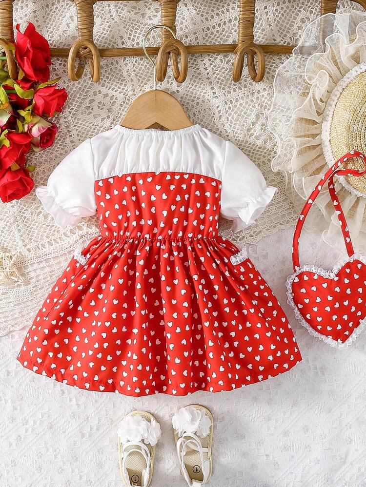 Baby Girl Spring/Summer Elegant Heart Patterned Dress Set With Heart-Shaped Purse, Suitable For Outing
