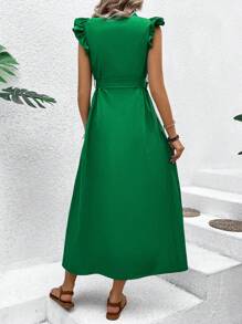 SHEIN VCAY Belted Shirt Dress With Ruffle Detail - Green - View 3