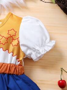 Elegante en zoete pofmouwen kleurblok sterren bedrukt patchwork koe bedrukte prinsessenjurk voor babymeisjes, perfect voor zomerfeesten, vakanties en vrijetijdskleding